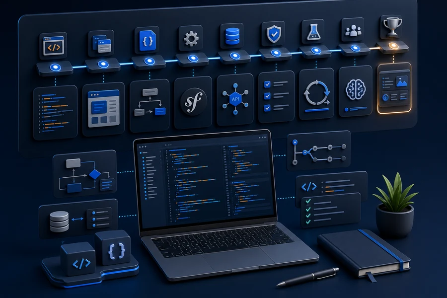 Parcours complet de formation développeur web moderne avec roadmap, code, API, tests et projet final