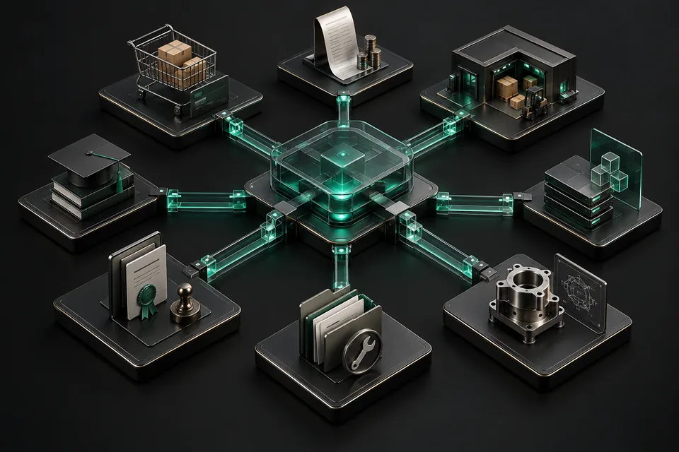 Illustration de huit métiers reliés par un middleware central
