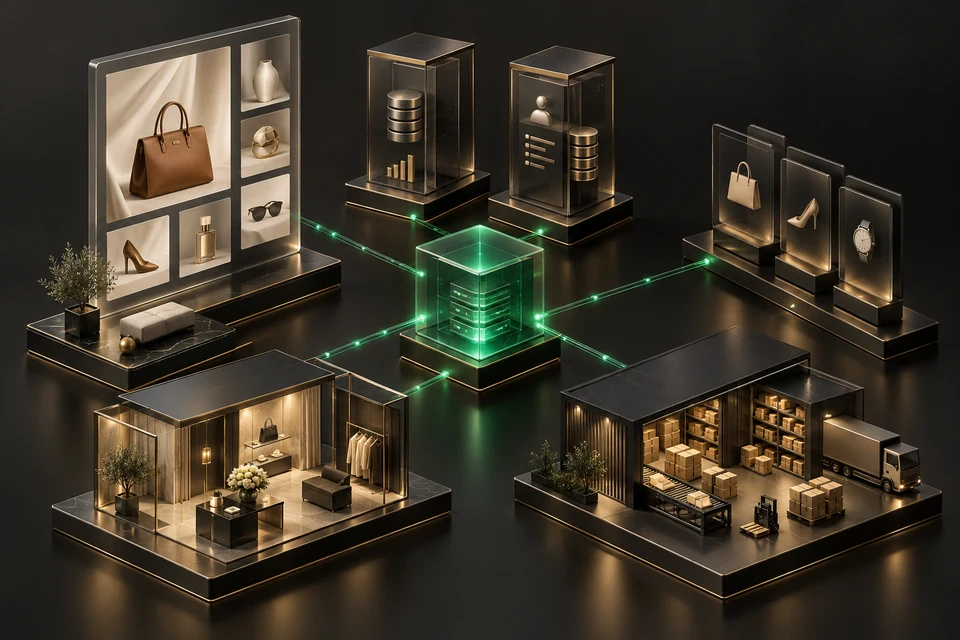 Illustration conceptuelle d’un site haut de gamme, de canaux de vente et de logiciels reliés par un middleware