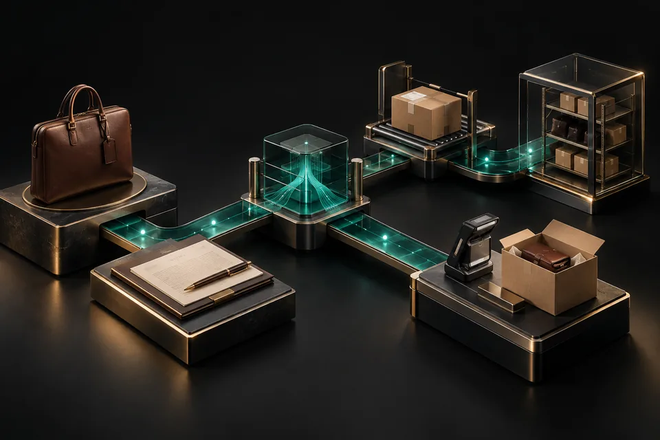 Illustration du parcours achat fournisseur, réception et stock dans le luxe