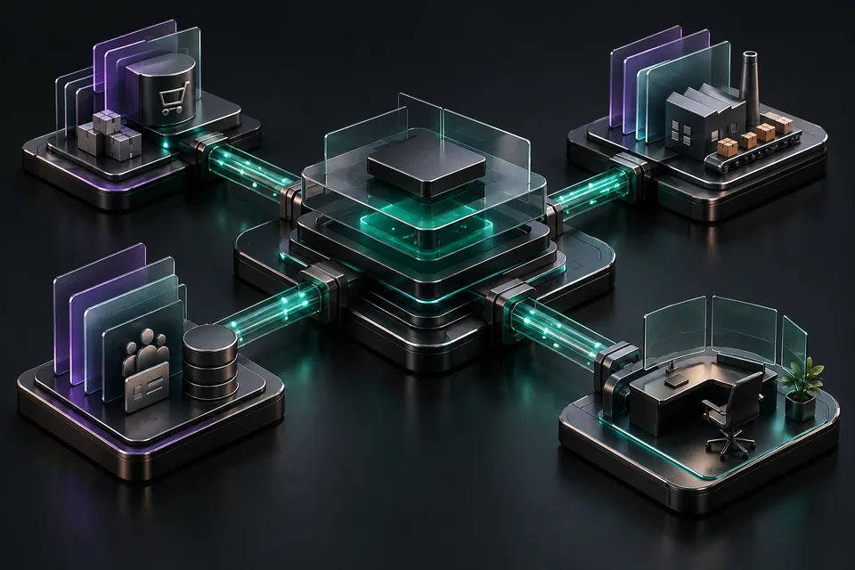 Illustration d’un produit SaaS relié aux applications et systèmes de ses clients