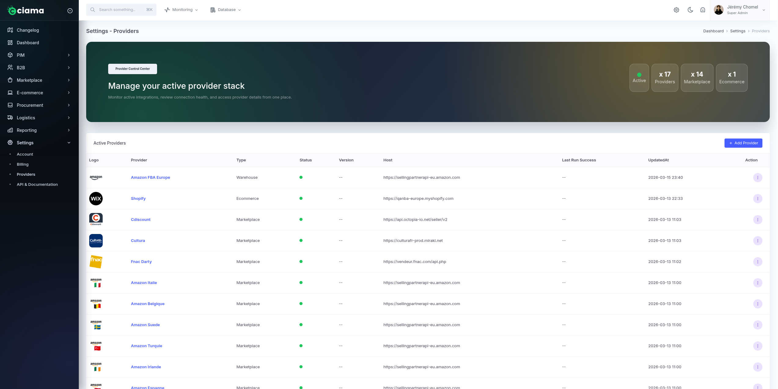 Ciama Provider Control Center avec providers disponibles et statuts