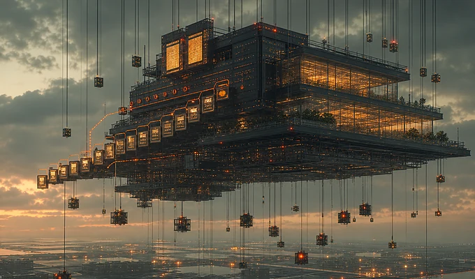 Architecture futuriste flottante pour le command center de réassort marketplace