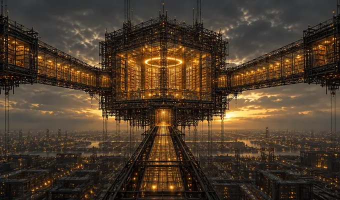 Bibliothèque suspendue reliée à trois passerelles lumineuses — illustration conceptuelle