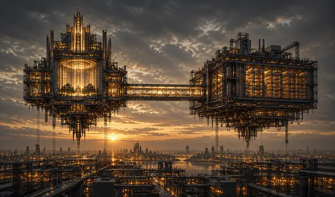 Deux bâtiments reliés par une passerelle éclairée — illustration conceptuelle
