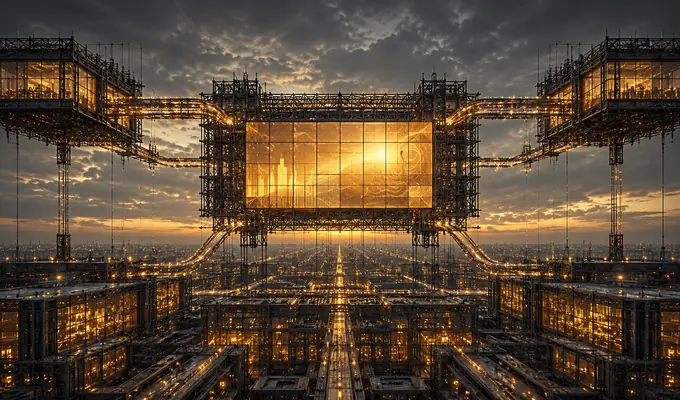 Panneau de données lumineux au centre de plusieurs sources — illustration conceptuelle