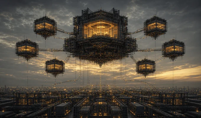 Architecture suspendue représentant six assistants IA reliés aux données métier de 1UP Distribution