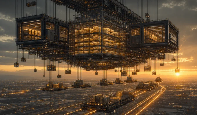 Architecture suspendue représentant les achats, le stock et les livraisons de 1UP Distribution