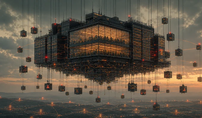 Architecture futuriste flottante pour l’analyse du stock entrepôt marketplace