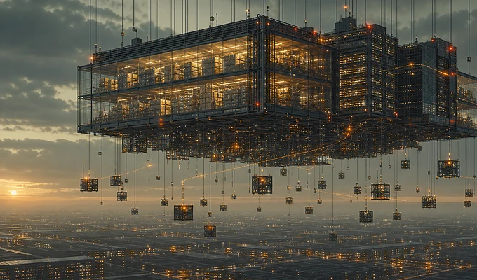 Architecture futuriste flottante pour l’historique des actions de stock marketplace